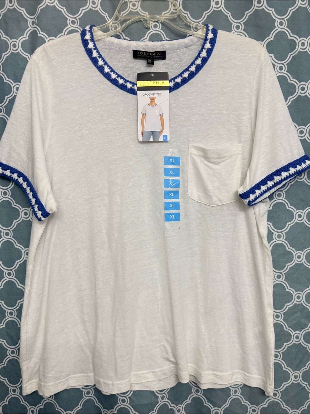 Joseph A White Tee with Blue Crochet Neck Trim